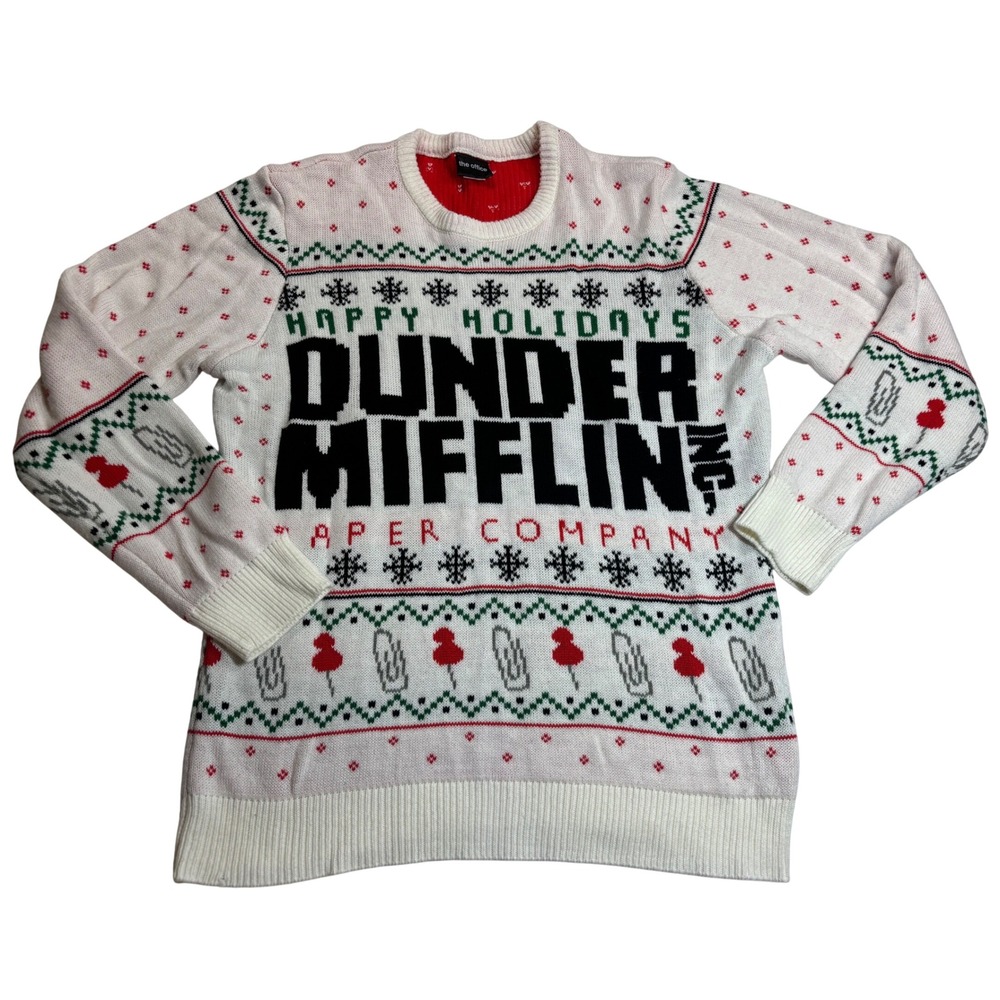 The Office Dunder Mifflin Sweater Men's White Very Good Holiday Fair Isle Sz XL